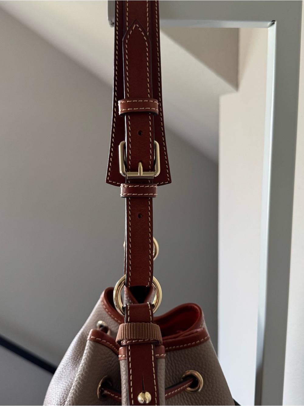 Dooney & Bourke Pebble Leather Drawstring Bucket Bag Taupe Brown - Picture 3 of 17